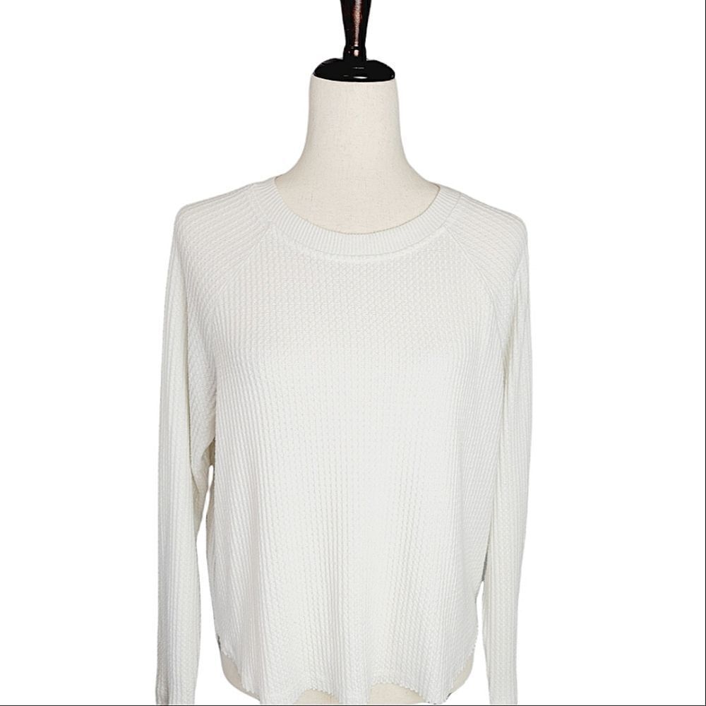 Wild Fable White High/Low Waffle Weave Raw Edging Long Sleeve Top